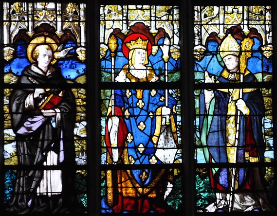 Vitrail de saint Thomas d'Aquin, saint Louis et saint Guillaume d'Auvergne