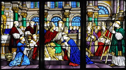 Vitrail de saint Godard et du Concile d'Orléans de 511, registre supérieur Vitrail de saint Godard et du Concile d'Orléans de 511, registre supérieur