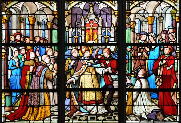Vitrail Saint Prétextat assassiné par Frédégonde (XIXe siècle), registre inférieur Vitrail Saint Prétextat assassiné par Frédégonde (XIXe siècle), registre inférieur