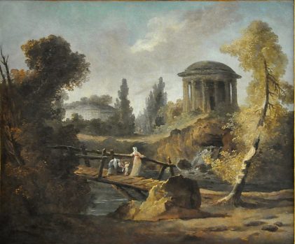 «Le temple de la piété filiale vu d'un pont rustique  dans le parc de Méréville»